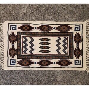 Southwest Aztec Accent Rug 26 x 21.5" Fringe Small Neutral Colors Vtg Cotton